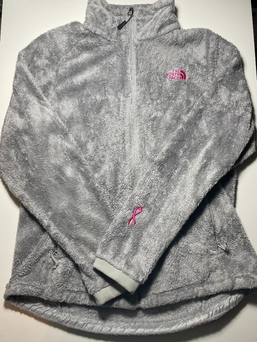 The North Face Women’s Gray Osito Full‑Zip Fleece – Pink Ribbon Edition, Size L